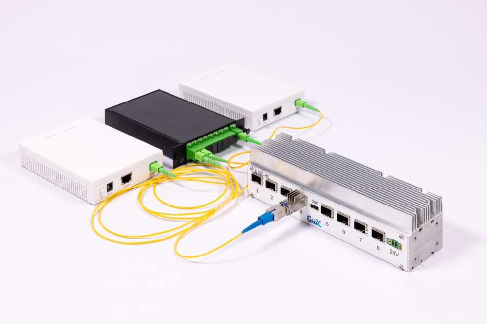 OLT, ONUs, Splitter und MicroPlug-Transceiver auf einem Labortisch